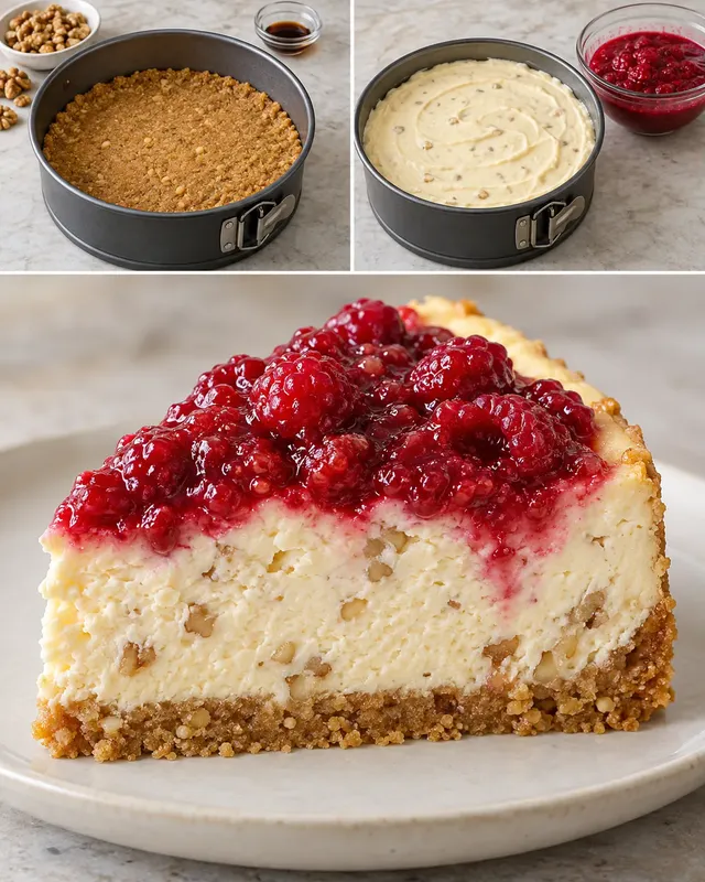 Cheesecake al forno — lamponi, vaniglia, noci
