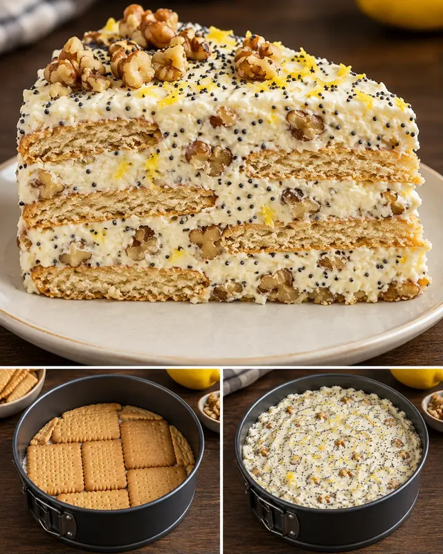Torta fredda ai biscotti — limone, papavero, noci