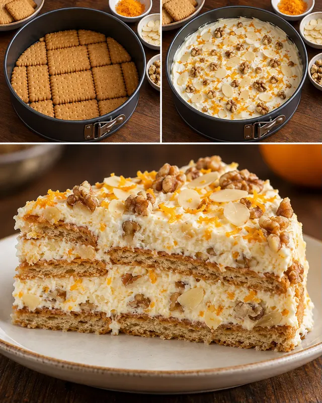 Torta fredda ai biscotti — arancia, mandorle, noci