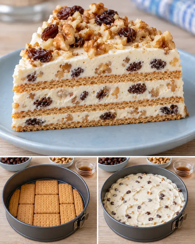 Torta fredda ai biscotti — uvetta, vaniglia, noci