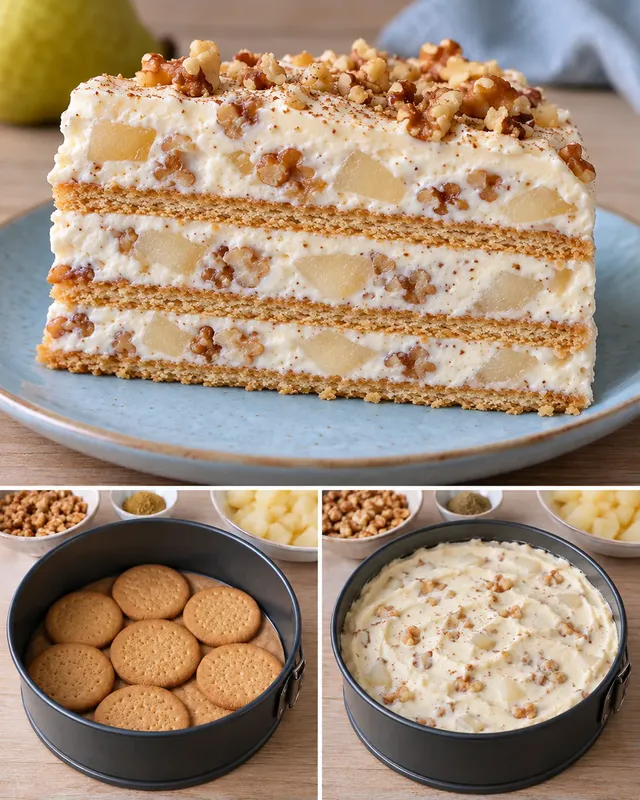 Torta fredda ai biscotti — pere, cardamomo, noci