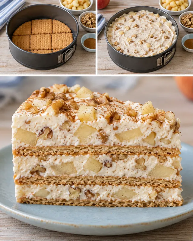 Torta fredda ai biscotti — mele, cannella, noci