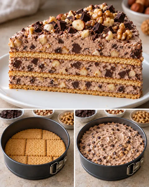 Torta fredda ai biscotti — cioccolato fondente, nocciole, noci