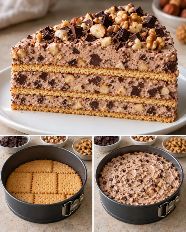 Torta fredda ai biscotti — cioccolato fondente, nocciole, noci