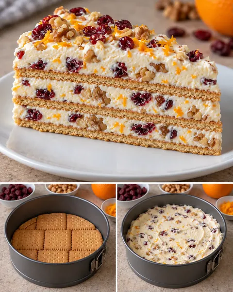 Torta fredda ai biscotti — mirtilli rossi, arancia, noci