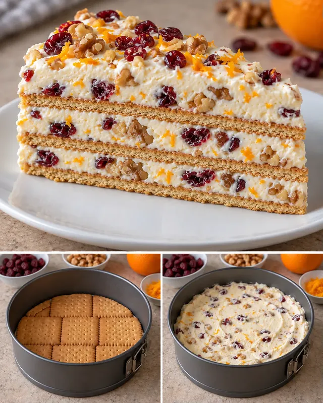 Torta fredda ai biscotti — mirtilli rossi, arancia, noci