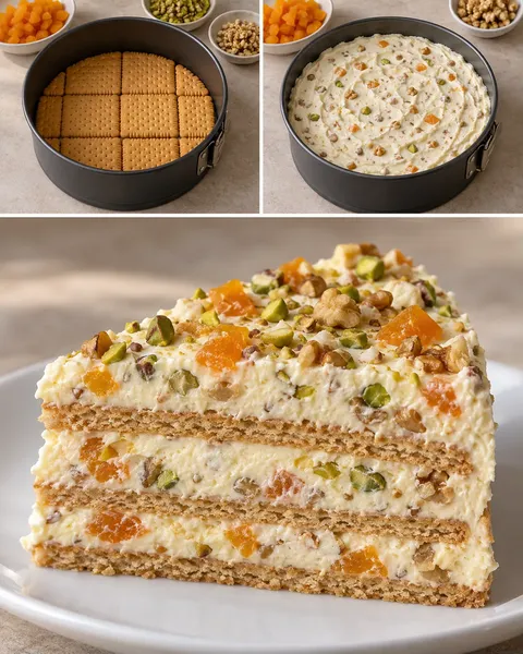 Torta fredda ai biscotti — albicocche secche, pistacchi, noci
