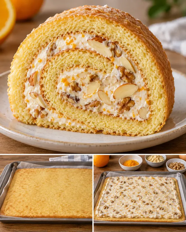 Rotolo di pan di Spagna — arancia, mandorle, noci