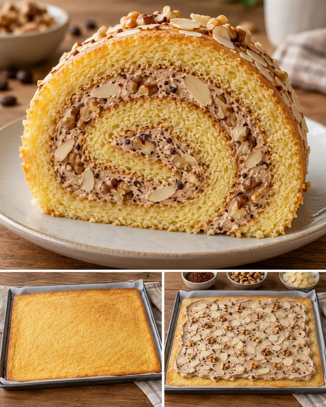 Rotolo di pan di Spagna — caffè, noci, mandorle