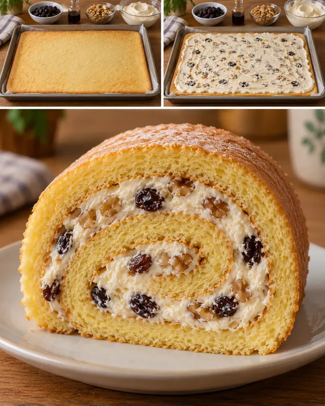 Rotolo di pan di Spagna — uvetta, vaniglia, noci