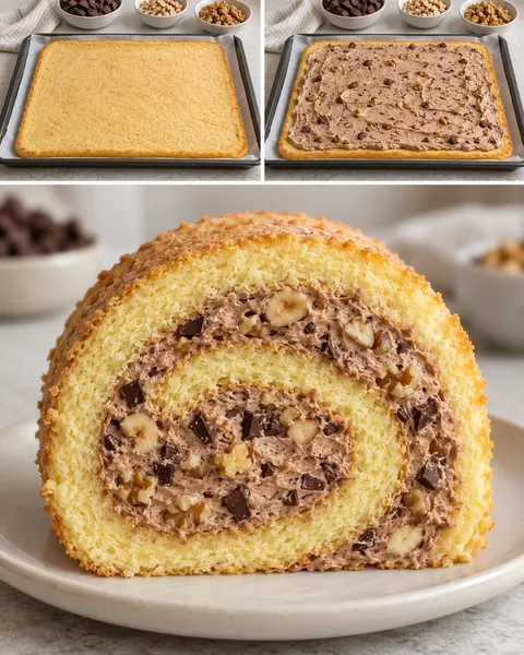 Rotolo di pan di Spagna — cioccolato fondente, nocciole, noci