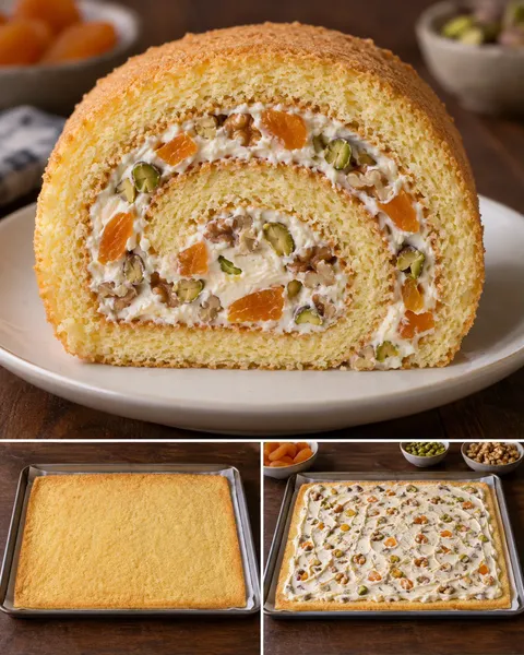 Rotolo di pan di Spagna — albicocche secche, pistacchi, noci