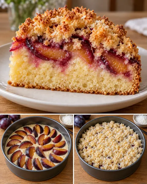 Torta con crumble — prugne, vaniglia, cocco