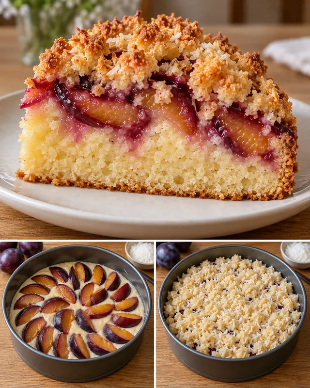 Torta con crumble — prugne, vaniglia, cocco