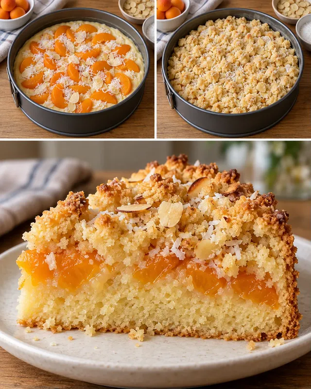 Torta con crumble — albicocche, mandorle, cocco