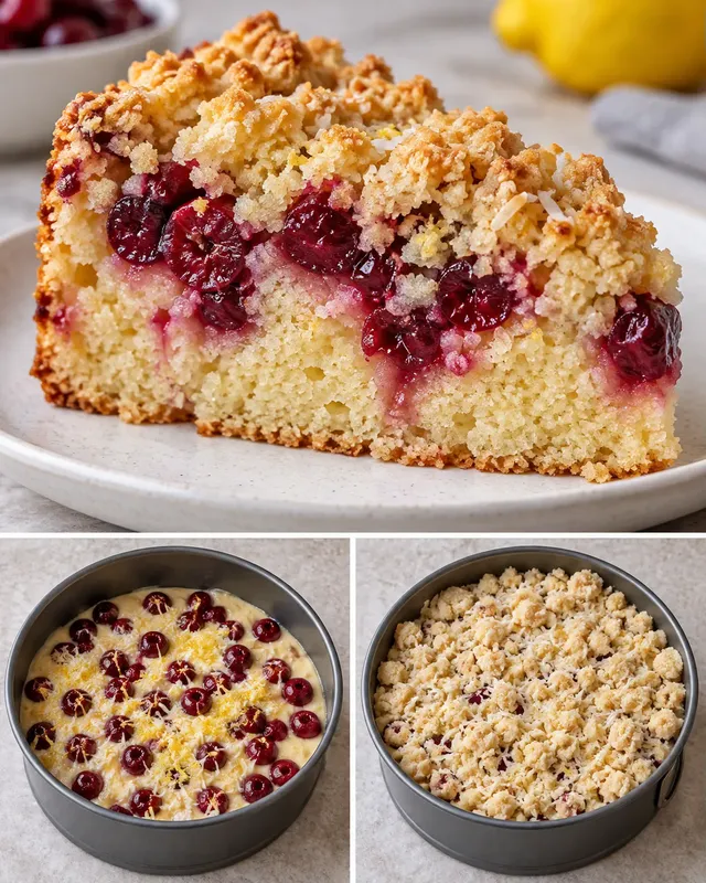 Torta con crumble — amarene, limone, cocco