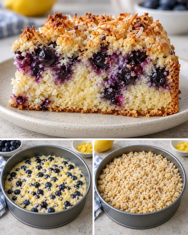 Torta con crumble — mirtilli, limone, cocco