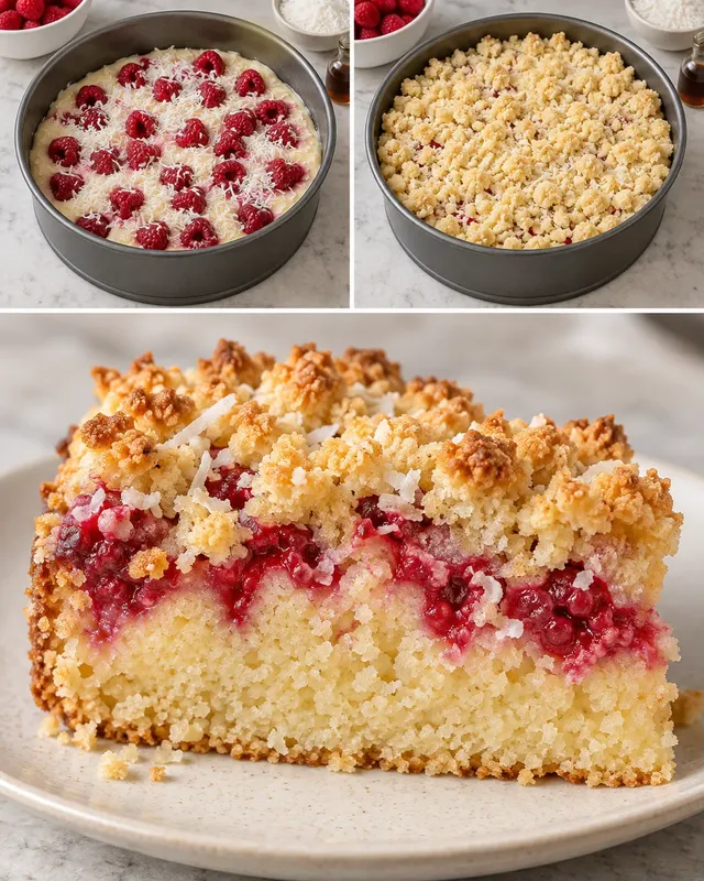Torta con crumble — lamponi, vaniglia, cocco