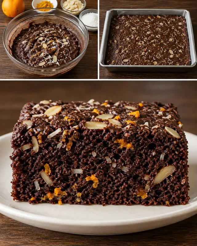 Torta al cacao — arancia, mandorle, cocco