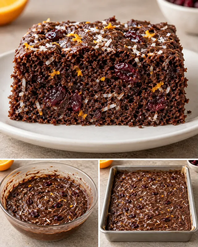 Torta al cacao — mirtilli rossi, arancia, cocco