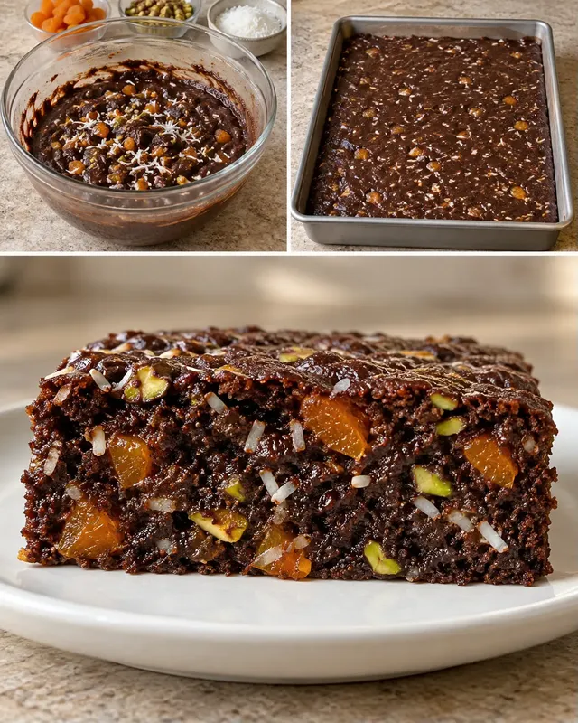 Torta al cacao — albicocche secche, pistacchi, cocco