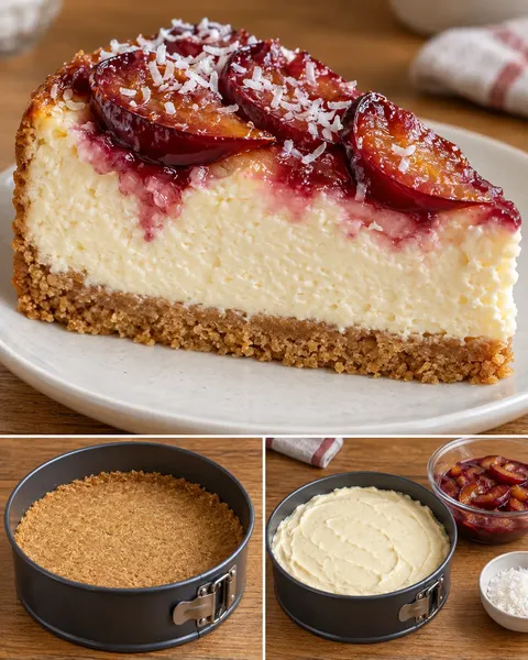 Cheesecake al forno — prugne, vaniglia, cocco