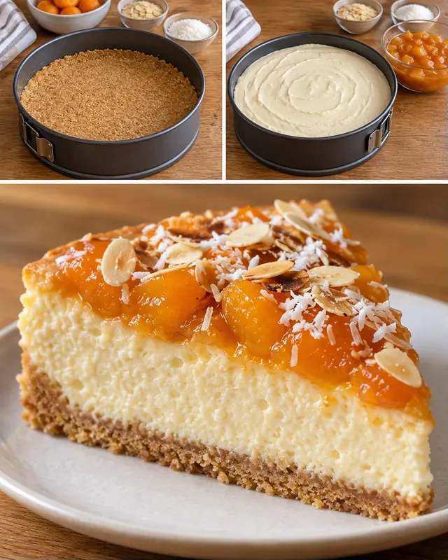 Cheesecake al forno — albicocche, mandorle, cocco