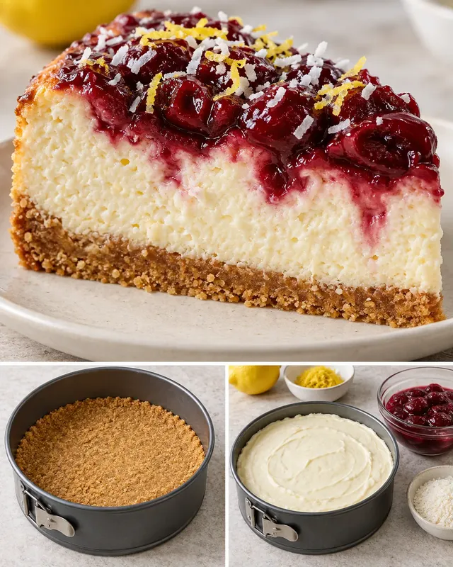 Cheesecake al forno — amarene, limone, cocco