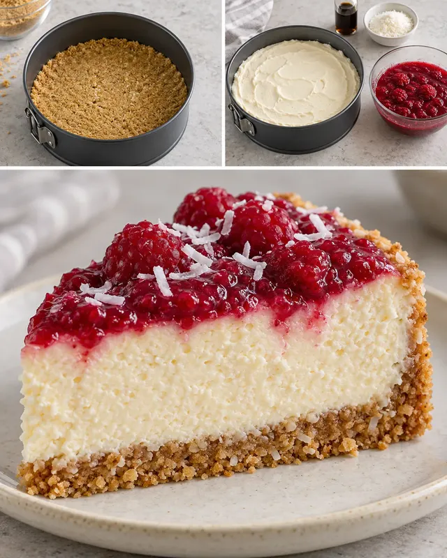Cheesecake al forno — lamponi, vaniglia, cocco