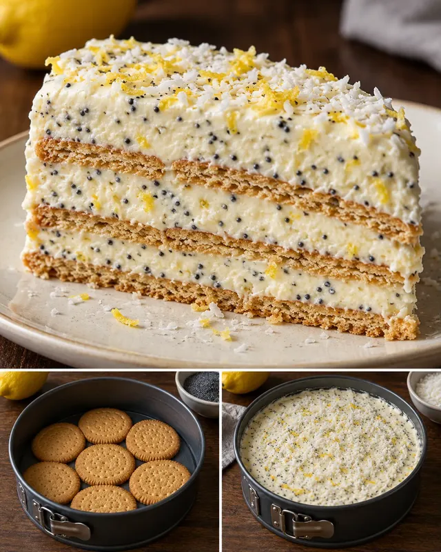 Torta fredda ai biscotti — limone, papavero, cocco