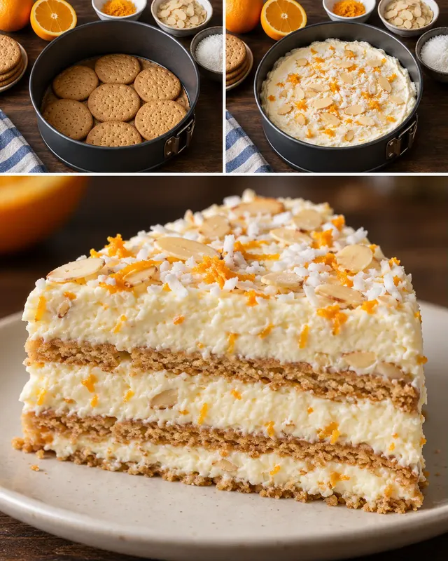 Torta fredda ai biscotti — arancia, mandorle, cocco