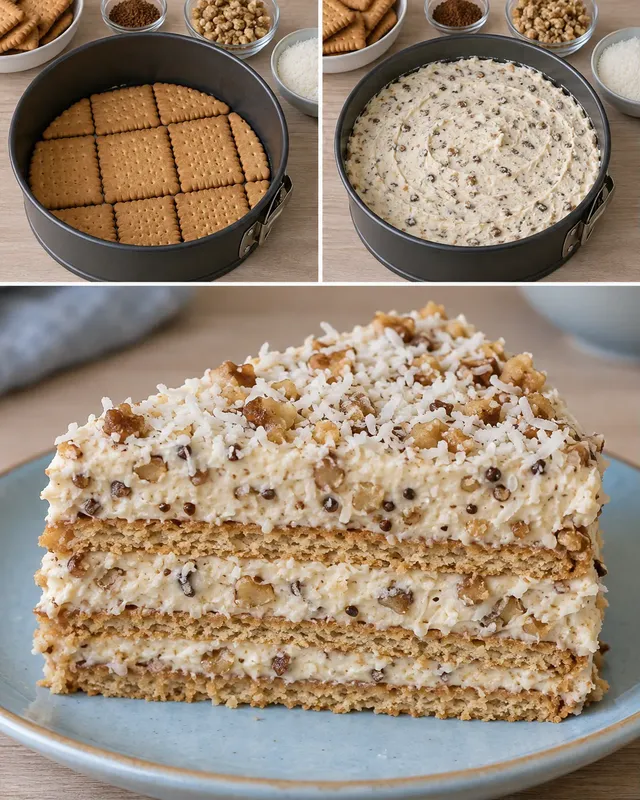 Torta fredda ai biscotti — caffè, noci, cocco