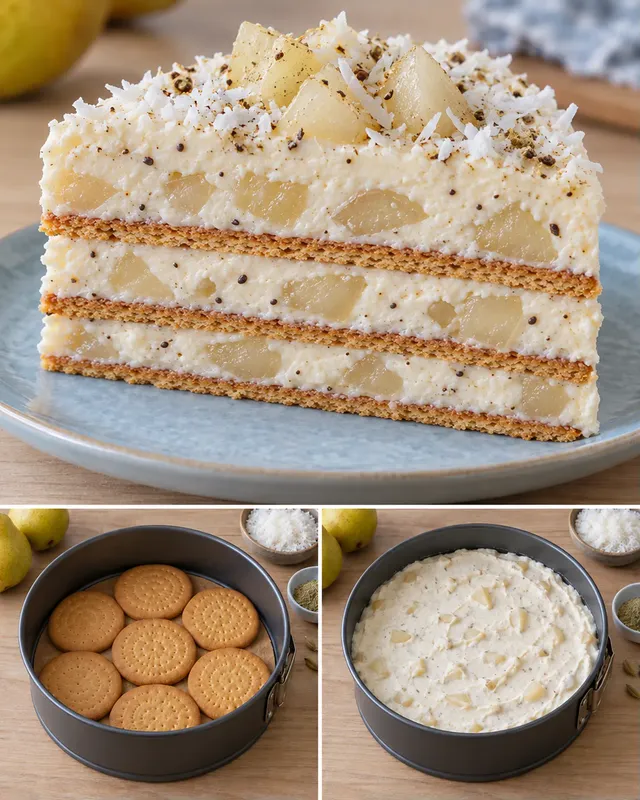 Torta fredda ai biscotti — pere, cardamomo, cocco