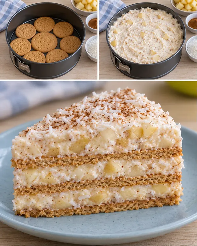 Torta fredda ai biscotti — mele, cannella, cocco