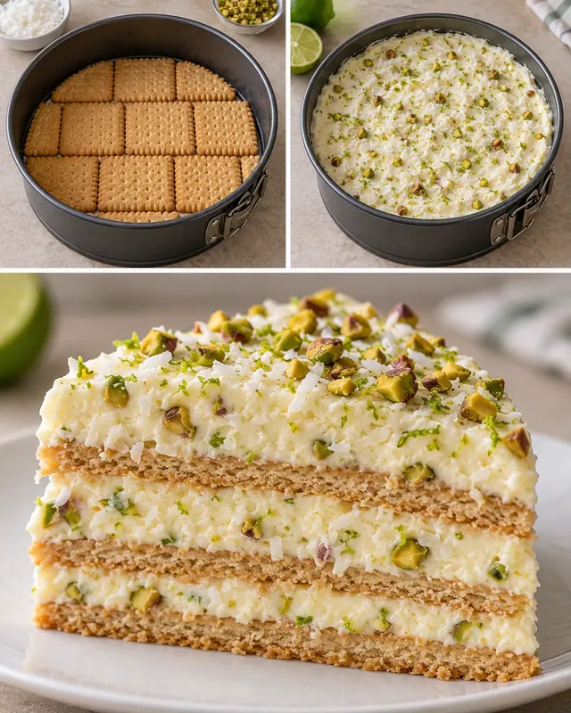 Torta fredda ai biscotti — cocco, lime, pistacchi