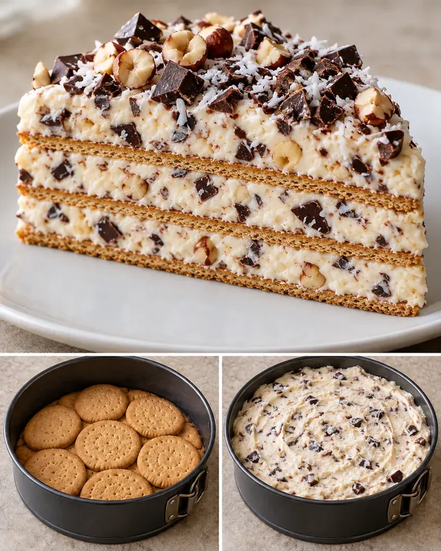 Torta fredda ai biscotti — cioccolato fondente, nocciole, cocco