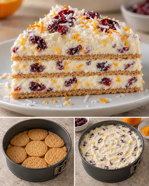 Torta fredda ai biscotti — mirtilli rossi, arancia, cocco