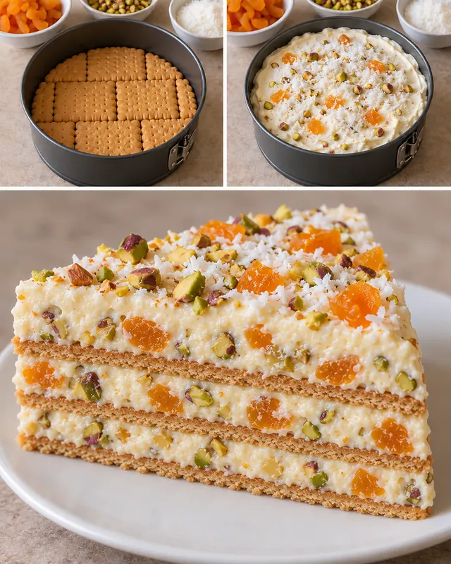 Torta fredda ai biscotti — albicocche secche, pistacchi, cocco