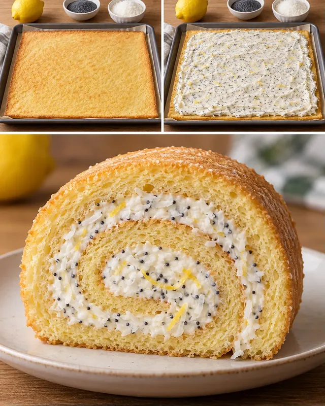 Rotolo di pan di Spagna — limone, papavero, cocco