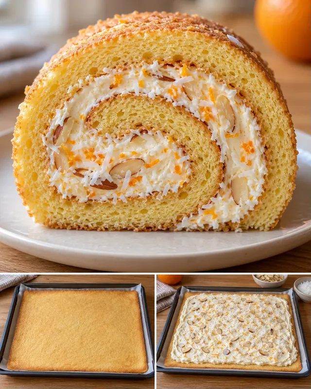 Rotolo di pan di Spagna — arancia, mandorle, cocco