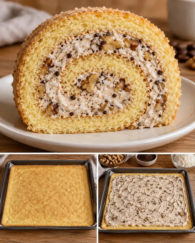 Rotolo di pan di Spagna — caffè, noci, cocco