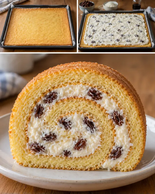 Rotolo di pan di Spagna — uvetta, vaniglia, cocco