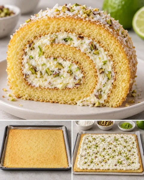 Rotolo di pan di Spagna — cocco, lime, pistacchi