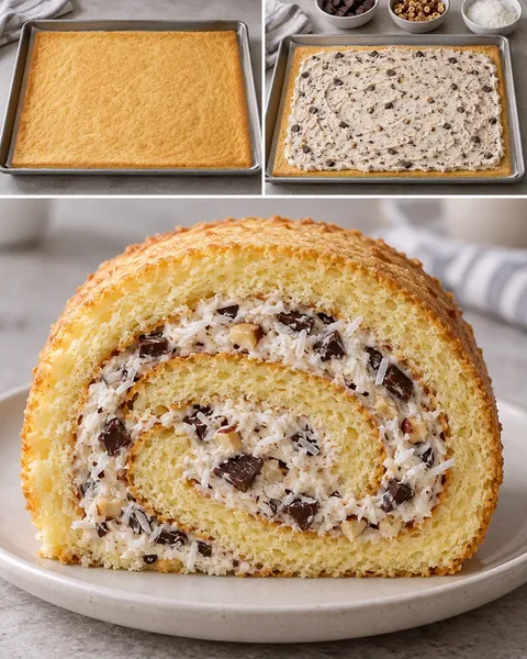 Rotolo di pan di Spagna — cioccolato fondente, nocciole, cocco