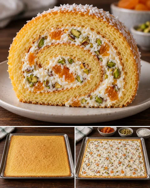 Rotolo di pan di Spagna — albicocche secche, pistacchi, cocco