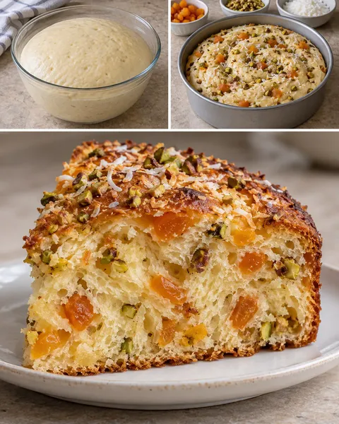 Dolce lievitato — albicocche secche, pistacchi, cocco