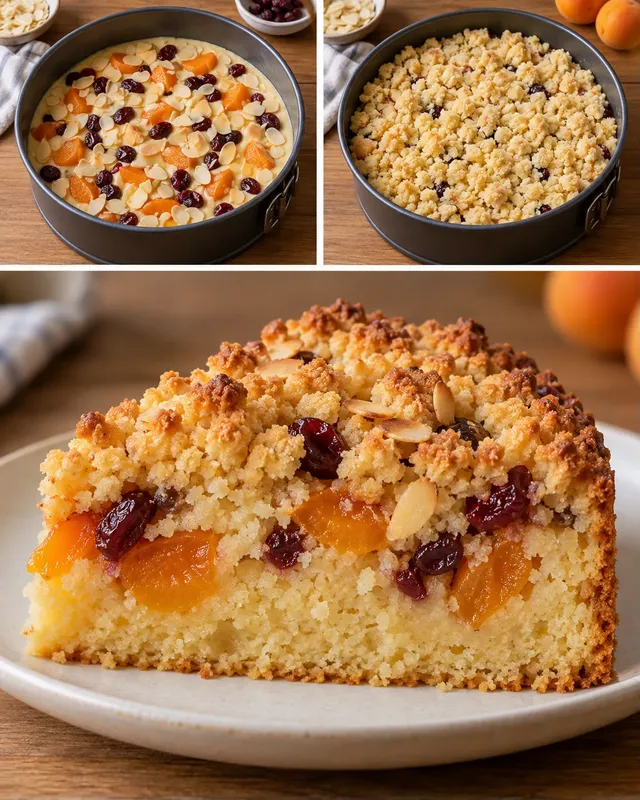Torta con crumble — albicocche, mandorle, mirtilli rossi
