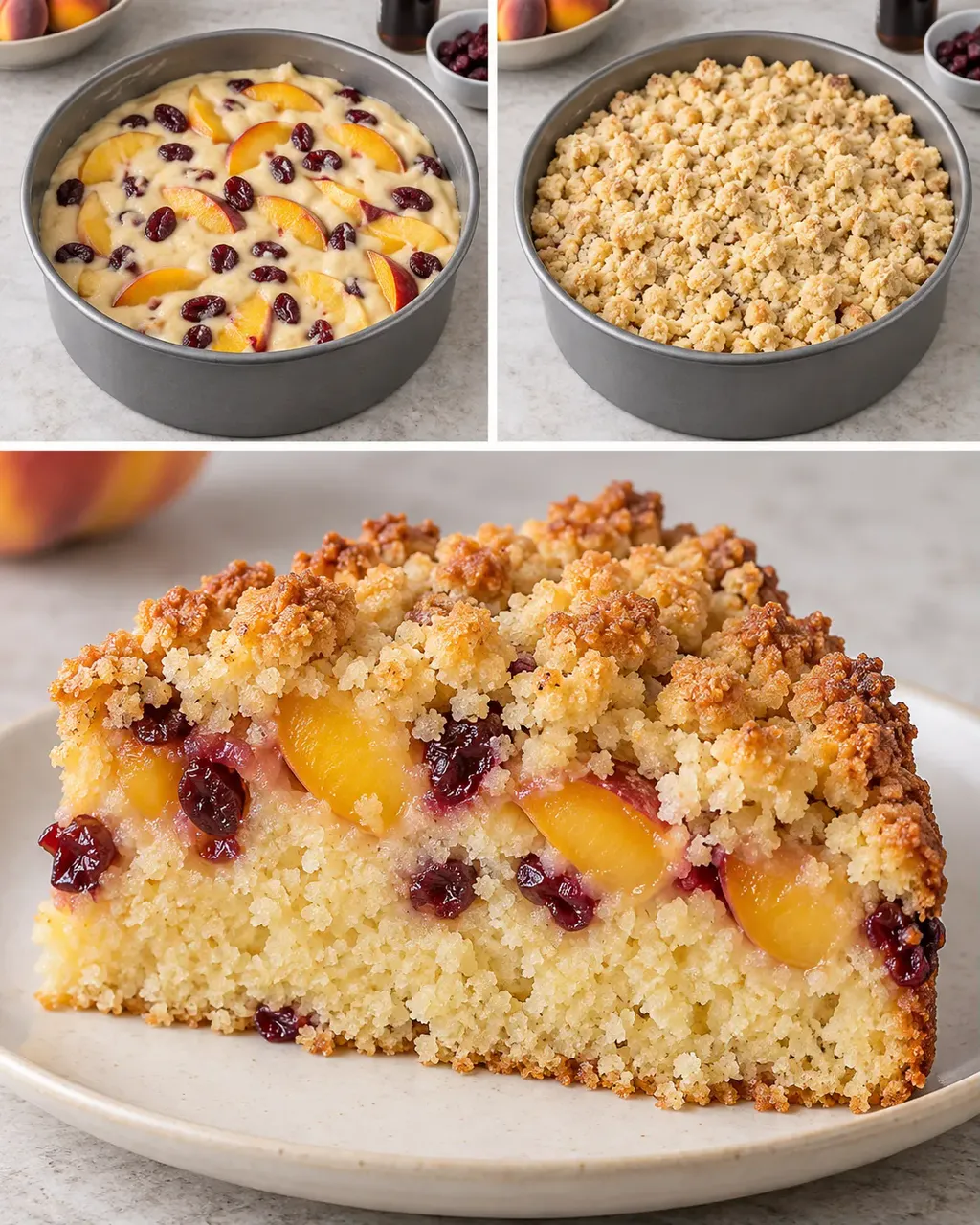 Torta con crumble — pesche, vaniglia, mirtilli rossi