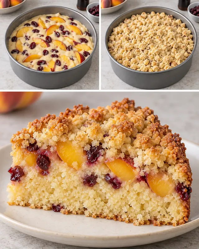 Torta con crumble — pesche, vaniglia, mirtilli rossi