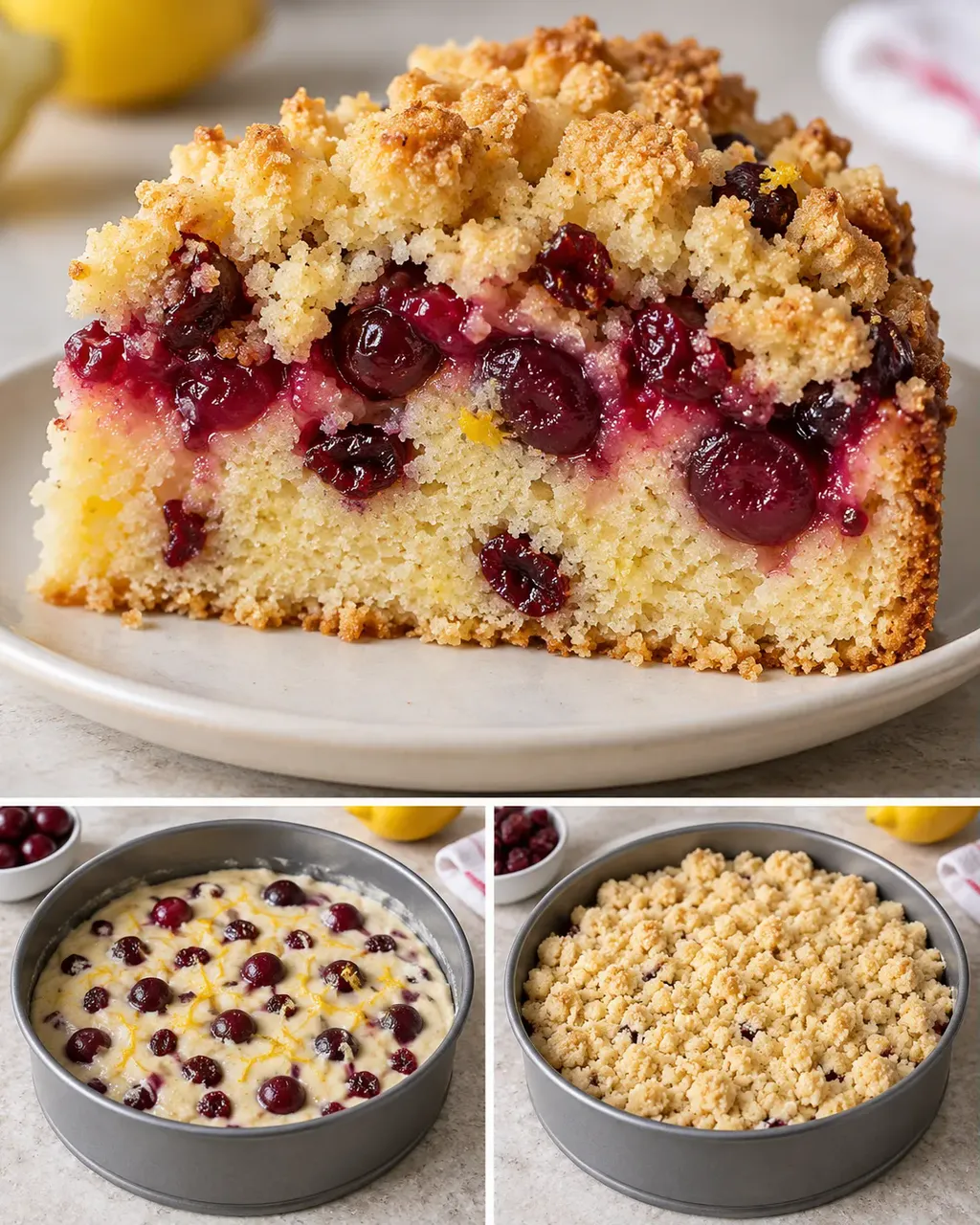 Torta con crumble — amarene, limone, mirtilli rossi